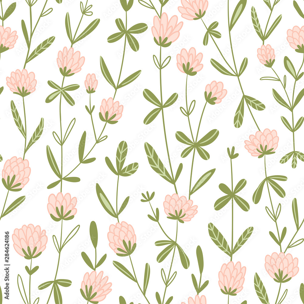 White clover flowers. Vector floral seamless pattern. Cute hand-drawn pattern design for fabric, wallpaper or wrap paper. White clover flowers. Vector floral seamless pattern. Cute hand-drawn pattern design for fabric, wallpaper or wrap paper.