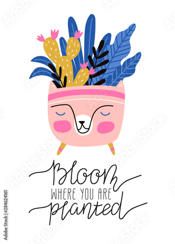 Hand drawn tropical house plants in the cat ceramic pot. Scandinavian style illustration, modern and elegant home decor. Vector print design with lettering - 'Bloom where you are planted'.