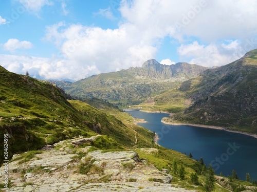 The "Laghi Lakes", in the Orobie Alps: A small valley with pastures, woods and lakes Among the Italian Mountains, near the town of Bergamo - August 2019.