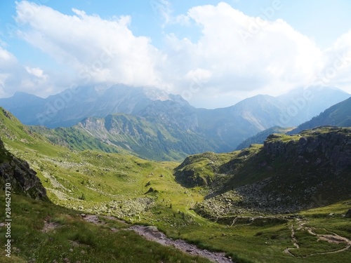 The "Laghi Lakes", in the Orobie Alps: A small valley with pastures, woods and lakes Among the Italian Mountains, near the town of Bergamo - August 2019.