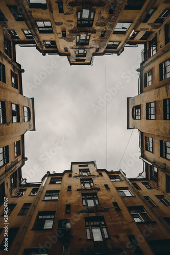 A fisheye view of the City roofs with copy space, urban frame, saint Petersburg, Russia