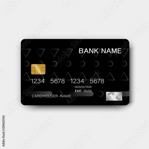 Black credit card design. With inspiration from abstract. On white background. Glossy plastic style.