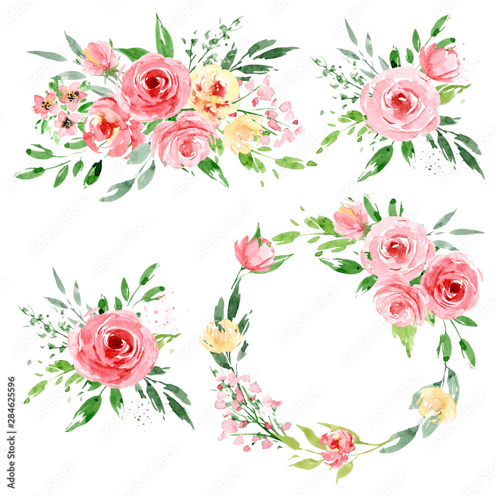 Watercolor flower set, wreath, bouquets. Floral clip art. Perfectly for print on wedding invitation, greeting card, wall art, stickers and other. Isolated on white background. Hand paint design. 