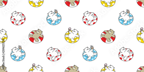 Bear seamless pattern vector polar bear swimming ring pool scarf isolated repeat wallpaper tile background cartoon tropical pool ocean boba tea ice cream doodle illustration design