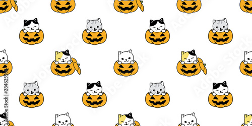 cat seamless pattern vector Halloween pumpkin kitten calico scarf isolated tile background repeat wallpaper cartoon illustration doodle design