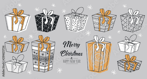 Merry Christmas greeting card gold with modern gifts. Vector illustration.