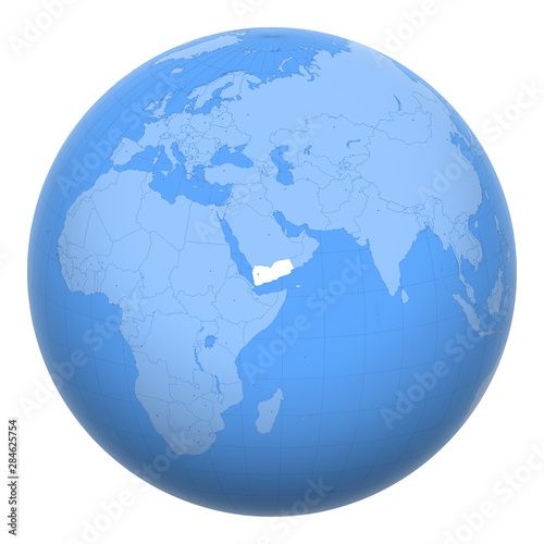 Yemen on the globe. Earth centered at the location of the Republic of Yemen. Map of Yemen. Includes layer with capital cities.