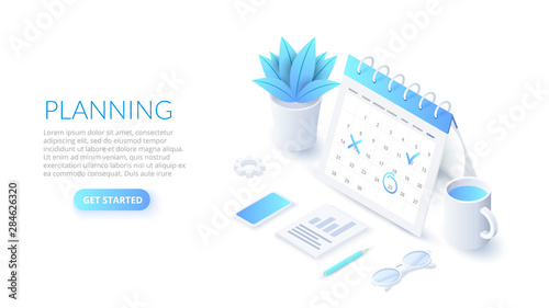 Isometric planning schedule and calendar concept. Time management concept. Illustration for web banner layout template.