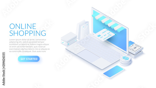 Isometric online shopping illustration with laptop and credit card. Concept of e-commerce sales.