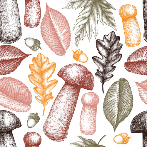 Autumn forest seamless pattern. Vintage background with red-cap bolete - Aspen mushroom and hand drawn leaves. Perfect for banner, wrapping paper, packaging, cards. Botanical design. Engraved style.