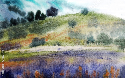 watercolor landscape, landscape, lavender, lavender field, at sunset
