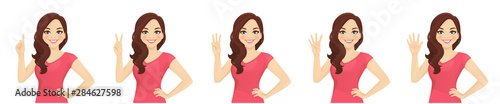 Smiling beatiful woman with curly hairstyle pointing up. One, two, three, four, five fingers isolated vector illustration