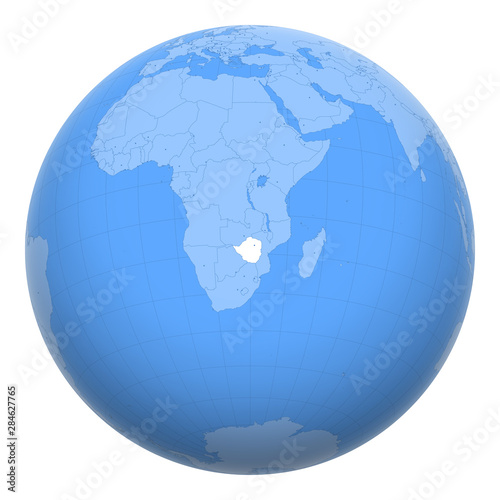 Zimbabwe on the globe. Earth centered at the location of the Republic of Zimbabwe. Map of Zimbabwe. Includes layer with capital cities.