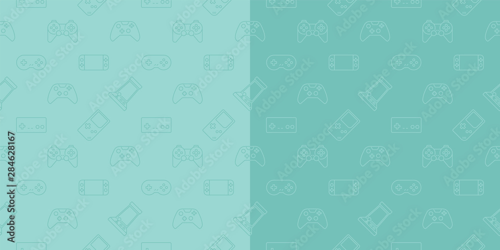 Vector video game and esport device set outline seamless pattern background.