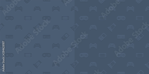 Vector video game and esport device set low relief seamless pattern background.