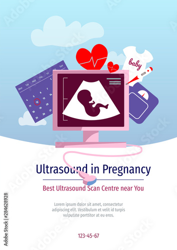 Medical brochure or flyer template for ultrasound diagnostic, sonogram, pregnancy, obstetrics. Ultrasound machine and pregnancy elements. Vector illustration for poster, banner, flyer, brochure.