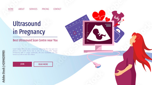 Landing page design for ultrasound diagnostic, sonogram and pregnancy. Ultrasound machine with embryo on the screen and pregnant women. Vector illustration for poster, banner, website.