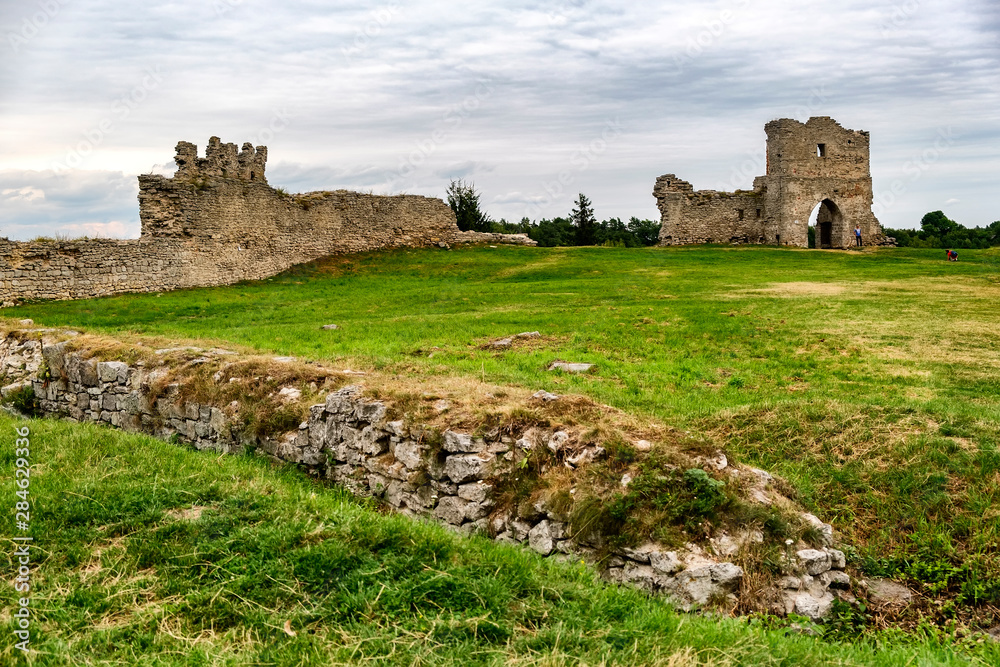 The ruins of the Kremenets castle on Mount Bona over town Kremenets , Ukraine. August 2019