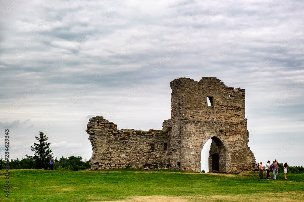 The ruins of the Kremenets castle on Mount Bona over town Kremenets , Ukraine. August 2019