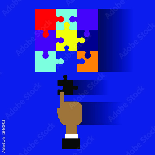 Completion mission concept. Businessman holding puzzle in hands putting in jigsaw. Vector illustration flat design. Isolated illustration. 