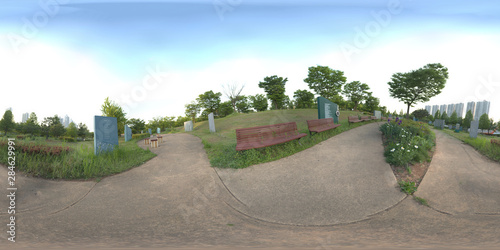 Ansan, South Korea - 15 May 2019 Ansan Waterside Park. 360 degrees spherical panorama of spring nature in forest.