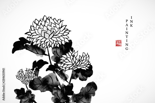 Watercolor ink paint art vector texture illustration chrysanthemum template background. Translation for the Chinese word : Blessing photo