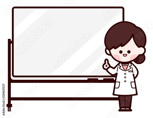 ホワイトボード　白衣の女性