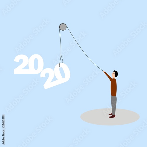 Man pulls on the rope 2020 year. new year 2020  concept. new year is coming. Vector background