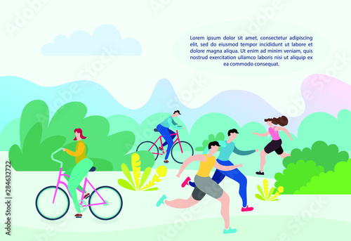 Man and woman characters running  riding bicycle  skateboarding  roller skates  fitness. Active people in the park. Summer outdoor. Flat vector concept illustration