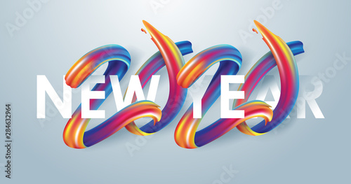 2020 New Year calligraphy with colorful brushstroke oil or acrylic paint design element for greeting card, flyers, leaflets, postcards and posters. Vector illustration.