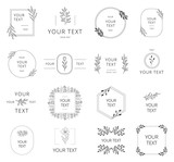 Collection of hand drawn wedding branding with floral elements. Wreaths, borders and frames for feminine design. Vector isolated.