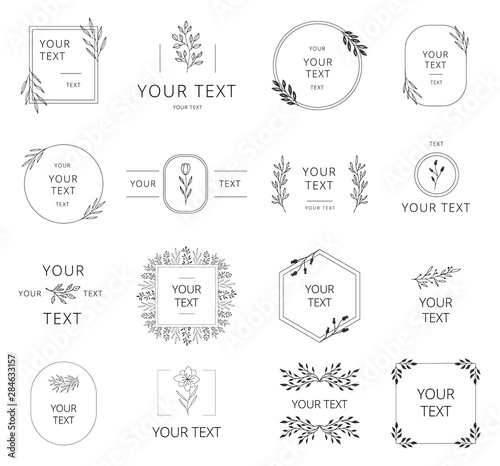 Collection of hand drawn wedding branding with floral elements. Wreaths, borders and frames for feminine design. Vector isolated.