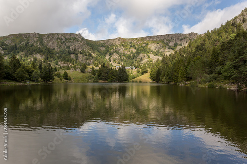 Fototapeta Naklejka Na Ścianę i Meble -  Lac des truites en montagne, reflet de la forêt