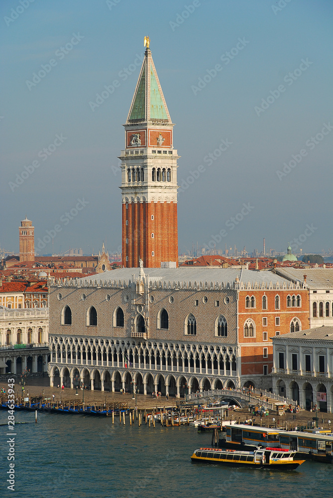 Venice: Aerial view of Campanile and Ducale or Doge Palace. In the morning sun