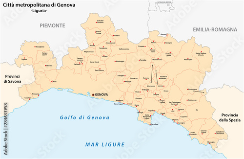 administrative and political map of the metropolitan city of Genoa in the region of Liguria Italy