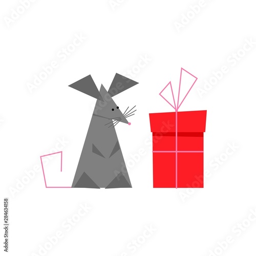 Vector flat icon of funny mouse or rat with gift isolated on white background. Happy cute mouse or rat looking on box. Design element for Christmas and New year, symbol of 2020 in Chinese calendar.