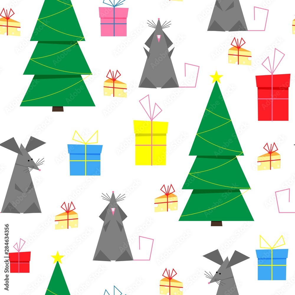 Naklejka premium Vector seamless pattern of funny mouses or rats with cheese, gift boxes, Christmas tree. Happy cute mouse or rat festive background. Design for Christmas, New year, symbol of 2020 in Chinese calendar.