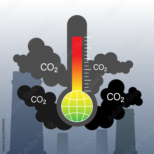 Carbon dioxide emitted from industrial chimneys. CO2 emission causing air pollution and global warming. Vector illustration outline flat design style.