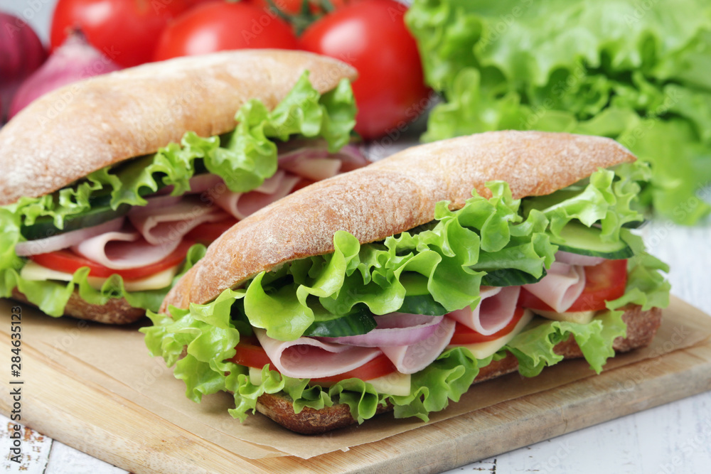 Two sandwiches with fresh vegetables, ham and cheese in ciabatta bread Two sandwiches with fresh vegetables, ham and cheese in ciabatta bread
