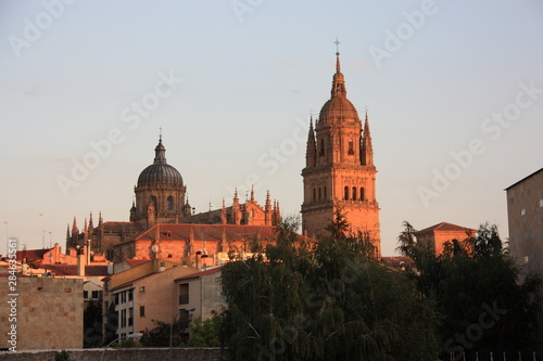 Gothic buildings (Cathedral) and a european city in a red evening lights. Blue sky on background. Salamanca, Spain