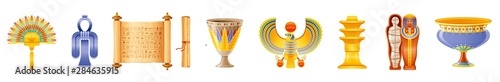 Ancient Egyptian art icon set. God, goddess, pharaoh symbol amulet. Fan, Isis tyet knot, papyrus scroll, cup, falcon, djed, queen mummy sarcophagus, vase. 3d vector illustration isolated background
