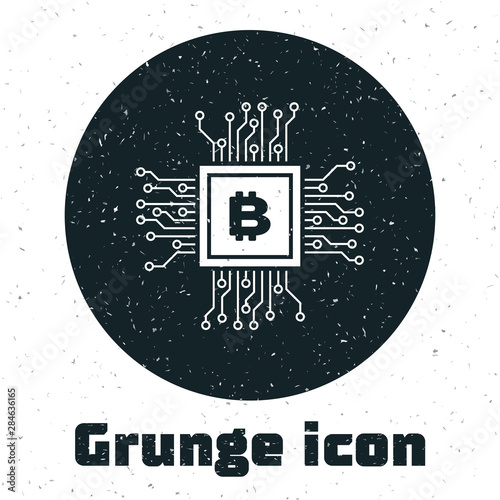 Grunge CPU mining farm icon isolated on white background. Bitcoin sign inside processor. Cryptocurrency mining community. Digital money. Vector Illustration