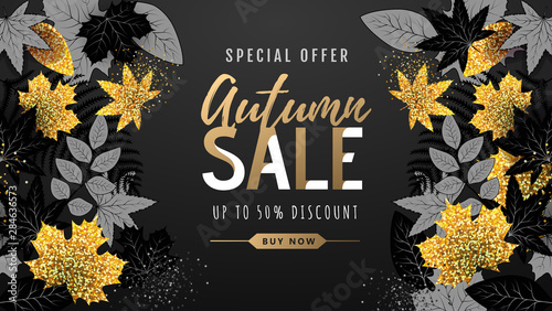 Autumn big sale typography poster with golden and black autumn leaves. Nature concept