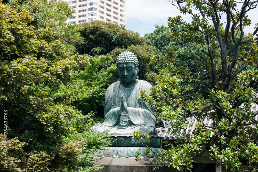 Japanese sitting Buddha statue between trees in a park near the city Japanese sitting Buddha statue between trees in a park near the city