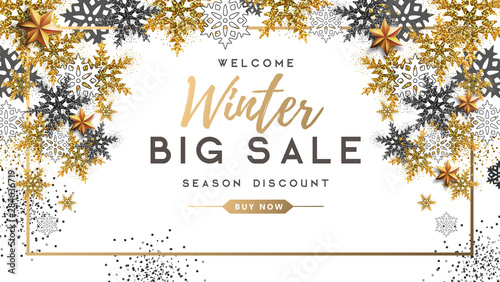 Winter poster with golden Christmas snowflakes and stars. Winter big sale poster. Wiinter background
