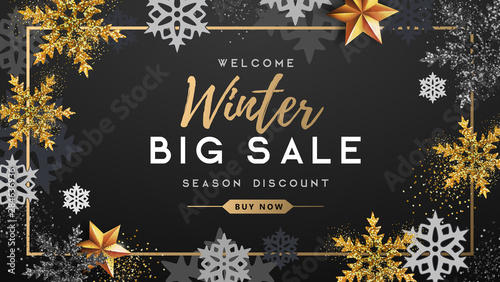 Winter poster with golden Christmas snowflakes and stars. Winter big sale poster. Wiinter background