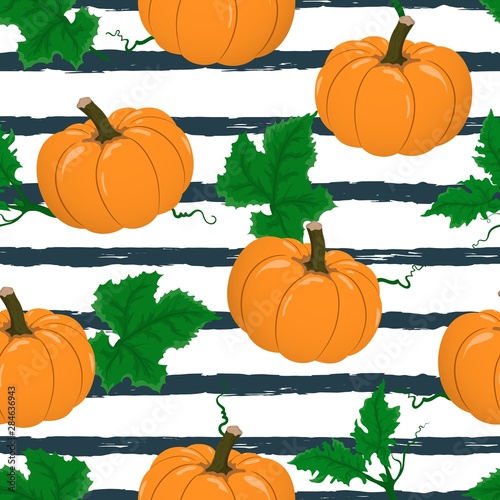 Vector seamless pattern with flat cartoon pumpkins on dark blue stripped background. Hand drawn autumn orange pumpkin cute background for harvest festival, design, print, paper, Thanksgiving day.