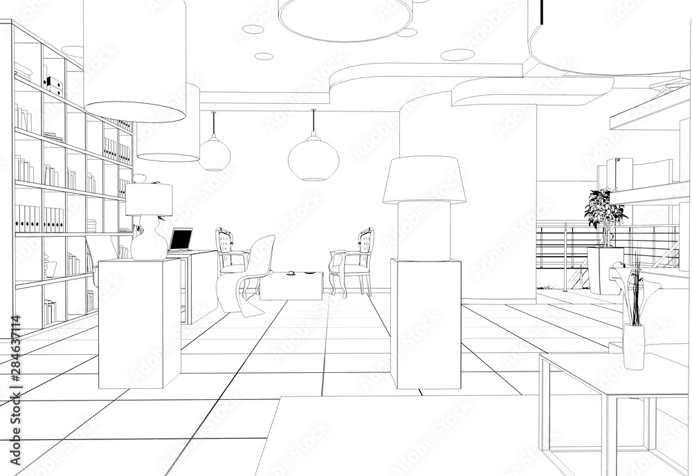 Fototapeta premium interior, exhibition hall, contour visualization, 3D illustration, sketch, outline