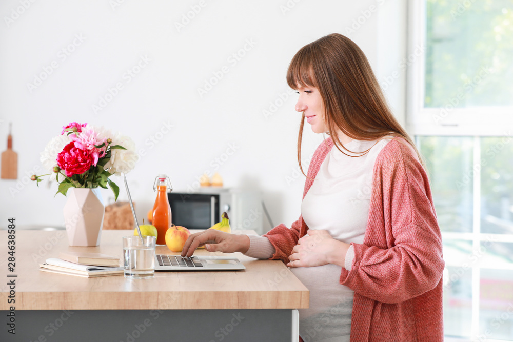 Beautiful pregnant woman with laptop in kitchen Beautiful pregnant woman with laptop in kitchen