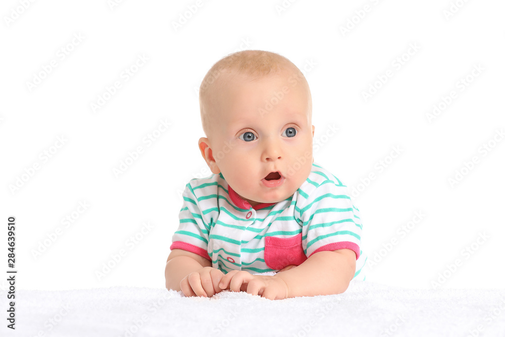 Adorable little baby on white background Adorable little baby on white background
